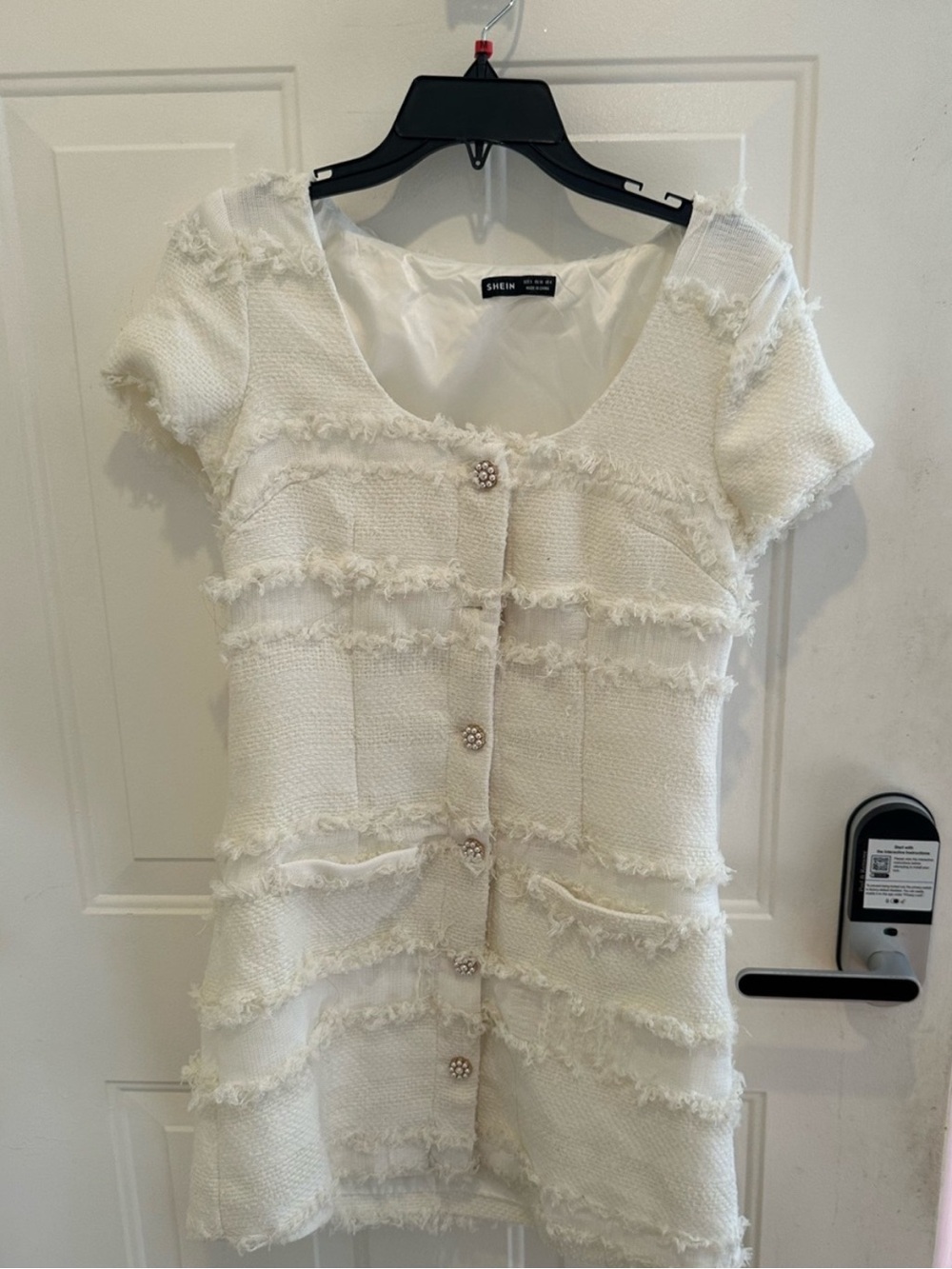 SHEIN Cream Short-Sleeve Tweed Fringe Button Jacket
